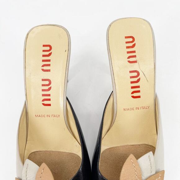 Miu Miu Vintage Retro Gray Black Tan Flower Detail Square Toe Mule Heel IT 36.5 - Picture 8 of 12